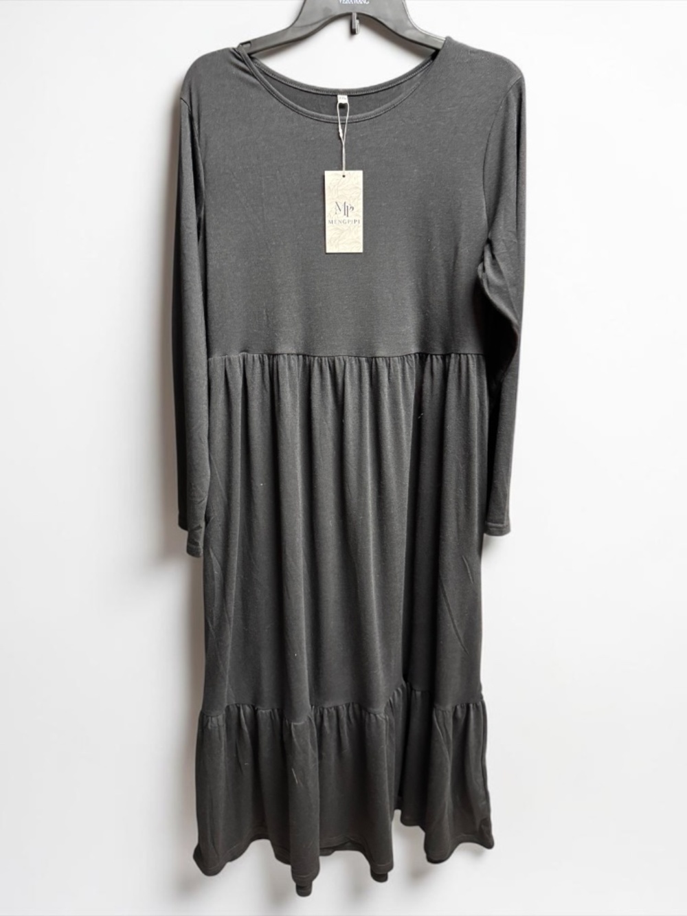 NWT Mengpipi XXL Black Gray Tiered Midi Dress Long Sleeve Pockets